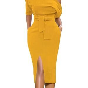 Elegant One-Shoulder Yellow Dress NWT